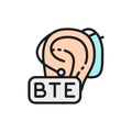 Behind the Ear Hearing Aid, BTE flat color line icon.