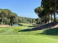 Behind the green shot of a golf hole looking back down the fairway from the flag Royalty Free Stock Photo