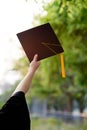 Behind photo of university graduate wears gown and black cap, ye Royalty Free Stock Photo