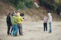 Behind the scene. Film crew filming movie scene outdoor Royalty Free Stock Photo