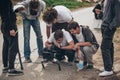 Behind the scene. Film crew filming movie scene outdoor Royalty Free Stock Photo