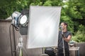 Behind the scene. Filmmaking lighting technician adjusting and setup lights Royalty Free Stock Photo