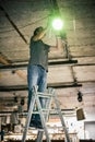 Behind the scene. Lighting technician electric engineer adjusting stage lights Royalty Free Stock Photo
