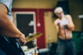 Behind scene. Rock band practice in messy recording music studio Royalty Free Stock Photo