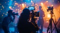 Behind the scene, shooting video production and film crew team. Silhouette of people in studio setting camera and Royalty Free Stock Photo