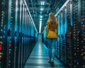 Behind scenes at data center, efficient computing systems being tested by engineers, focus on cybersecurity measures