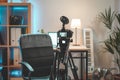 Behind the scenes at home shooting set with camera and lightning setting. Influencer`s amazing work space. Ready to start filming. Royalty Free Stock Photo