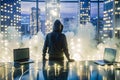Behind-the-scenes view of a hooded hacker in a room full of wires and smoke and multiple computers. in a mysterious atmosphere