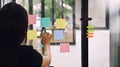 Behind shot Female meeting and use post it notes to share idea her on sticky note