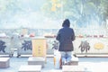 Behind shot of a woman praying in the Buddhist temple