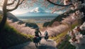 Behind two people bikepacking in Japan with Mount Fuji in the background, wide shot
