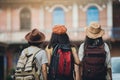 Asian woman group backpacker, Friendship traveller backpack travel Royalty Free Stock Photo