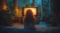 Tranquil Evening Spent Watching TV in a Plant-Filled Sunroom