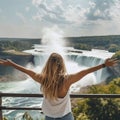 From behind, you can see the traveler girl arms spread wide as she take in the incredible view of the Niagra Falls Royalty Free Stock Photo