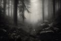 An eerie and otherworldly image of a misty forest or foggy landscape.