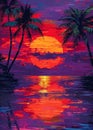 Landscape illustration of a vibrant red, orange and purple colorful sunset on the beach with palm trees. Royalty Free Stock Photo