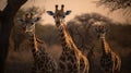 Behold the breathtaking scene of a herd of giraffes against the backdrop of the golden hour, their collective presence evoking a Royalty Free Stock Photo