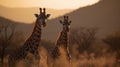 Behold the captivating elegance of two giraffes gracefully roaming the savannah, their synchronized steps and elongated necks Royalty Free Stock Photo