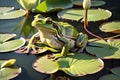 Cute green frog on lily pad in tranquil pond Royalty Free Stock Photo