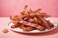 Crispy bacon strips on a white plate and pink background