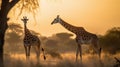 Behold the enchanting sight of two giraffes, their synchronized steps and elegant postures capturing the essence of grace