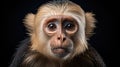 Close up macro shot of a charming Capuchin monkey with piercing eyes on dark background