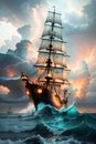 The Grandeur of the Mighty Sailing Ship\'s Progress amidst Rolling Waves, Stormy Skies, and a Fiery Sunset. AI generated Royalty Free Stock Photo