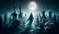 Ethereal Specter: Moonlit Figure Amidst Graveyard Roses Royalty Free Stock Photo