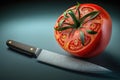 Tomato and knife on a dark background Royalty Free Stock Photo