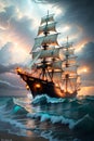 The Majestic Classic Historical Sailing Ship Reaching the Shore. AI generated