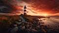 Harbor\'s Embrace: A Captivating Red and White Lighthouse at Sunset Royalty Free Stock Photo