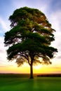 Large tree with a supernatural sunrise in the background generated by ai