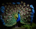 Beautiful peacock with colorful feathers on black background, closeup