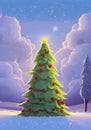 Illustration of a Majestic Christmas Tree in a Snowy Winter Wonderland With Red Decorations Royalty Free Stock Photo