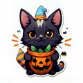 Cute Halloween Black Cat in a Magical Cone Hat on a White Background AI generated