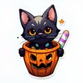 Cute Halloween Black Cat in a Magical Cone Hat on a White Background AI generated