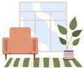 Beige armchair, potted plant on striped carpet. Living room furniture design, modern home interior