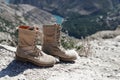 Beige army boots with laces on a nature background Royalty Free Stock Photo