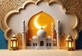 Beige background with golden stylizing Mihrab and Mosque with shiny crescent moon. Greeting card concept of Ramadan Royalty Free Stock Photo