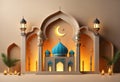 Beige background with golden stylizing Mihrab and Mosque with shiny light. Greeting card concept of Ramadan Kareem Royalty Free Stock Photo