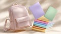 Beige backpack surrounded by pastel hued textbooks and notebooks, creating a whimsical back to school theme plain backdrop a Royalty Free Stock Photo