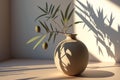 Beige ball shaped vase with green olive tree branch in sunlight with long shadows