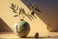 Beige ball shaped vase with green olive tree branch in sunlight with long shadows
