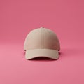 A beige baseball cap is centered against a solid pink background. The cap features a Royalty Free Stock Photo