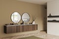 Beige bathroom interior with double sink and douche, accessories and window