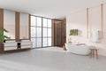 Beige bathroom interior with double sink, tub and douche near window