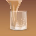 Beige beverage pouring into transparent glass for whiskey, scotch, bourbon vector cartoon illustration.