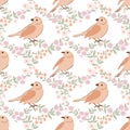 Beige birds seamless pattern with woodland sparrow and flowers. Spring floral damask vector ornament