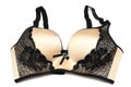 A beige and black lacy flowery brassiere with shoulder straps