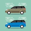 Beige and blue cars in flat color style.